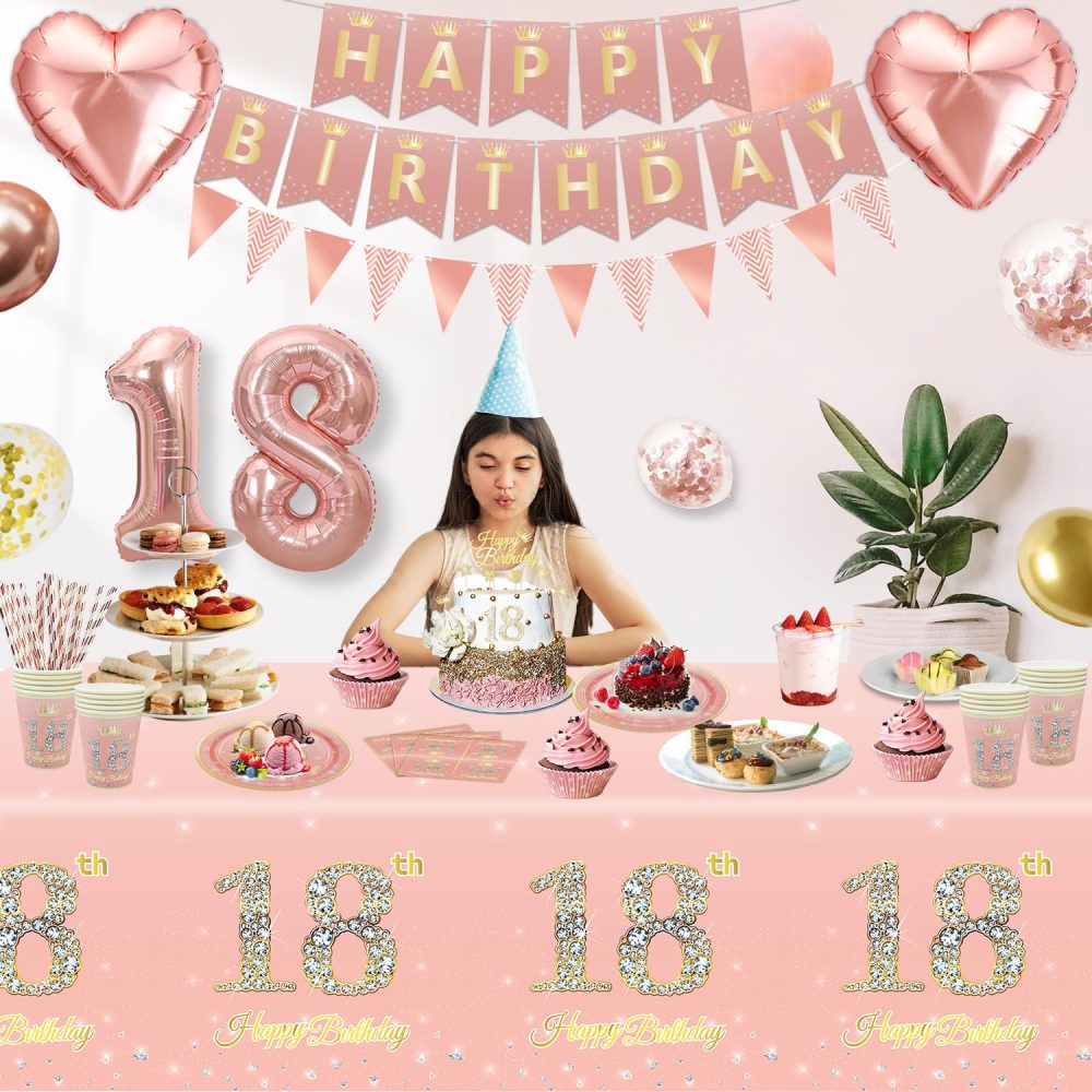 179 PCS 18th Birthday Decorations for Girls Rose Gold 18th Birthday Party Decoration Happy 18th Birthday Supplies Tableware Set-Plates, Napkins, Pink 18th Birthday Banner for 20 Guests - Image 8