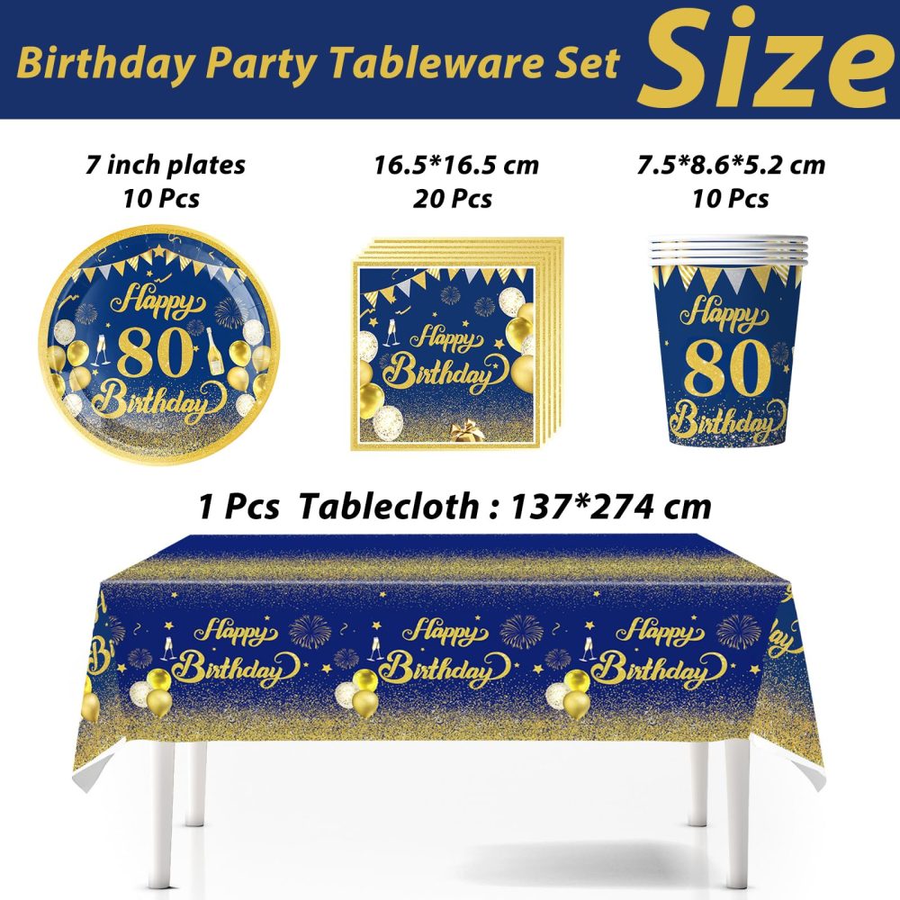 41Pcs Navy Blue Gold Happy 80th Birthday Party Tableware Plastic Table Cloth,7inch Paper Plates,Cups,Napkins for Man Women Birthday Decorations Disposable Party Tableware Set for 80th Birthday Party - Image 2