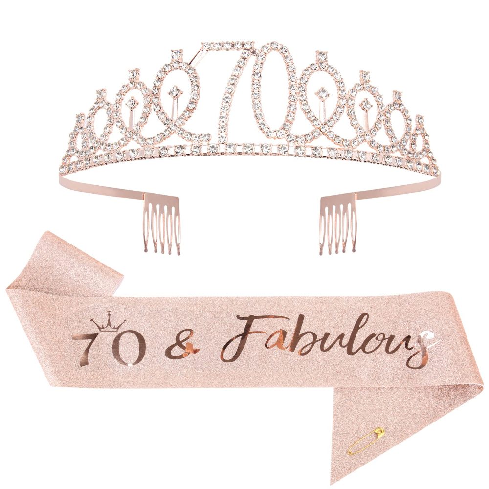 Mikccer Rose Gold 70th Birthday Sash and 70 Birthday Tiara, Rhinestone Crown Headband for 70th Birthday Gifts, 70th Birthday Decoration Party Accessories for Women
