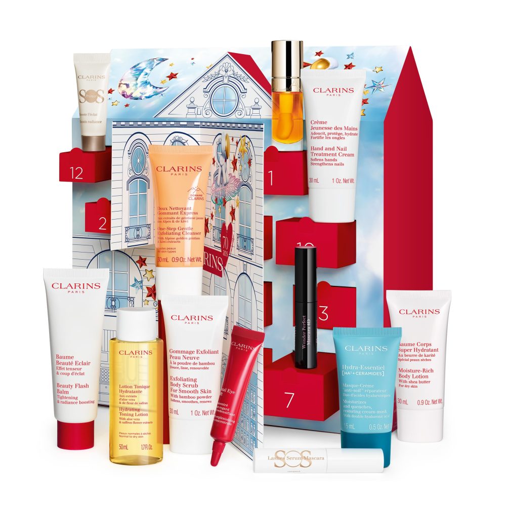 Clarins Christmas Gift Set | 12 Day Advent Calendar For Women | Worth £162 | Includes Full Size Beauty Flash Balm and Lip Comfort Oil 01 Honey