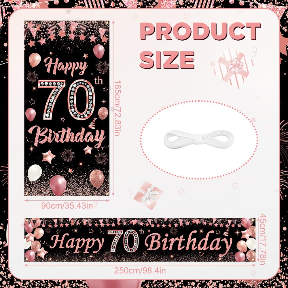 70th Birthday Decorations Banner for Women, Black Rose Gold 70th Birthday Banner with 70th Birthday Door Banner Porch Banner Sign for 70th Birthday Anniversary Party Supplies Indoor Outdoor Decor - Image 3