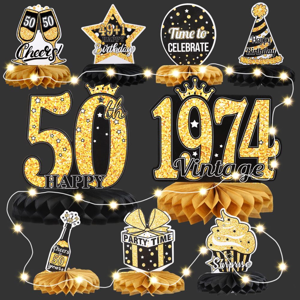 Radsocken 9Pcs 50th Birthday Honeycomb Centerpieces Decorations with String Lights for Women,Gold Black1974 Years Happy Birthday Table Topper 50th Birthday Gifts for Women Men Party Supplies