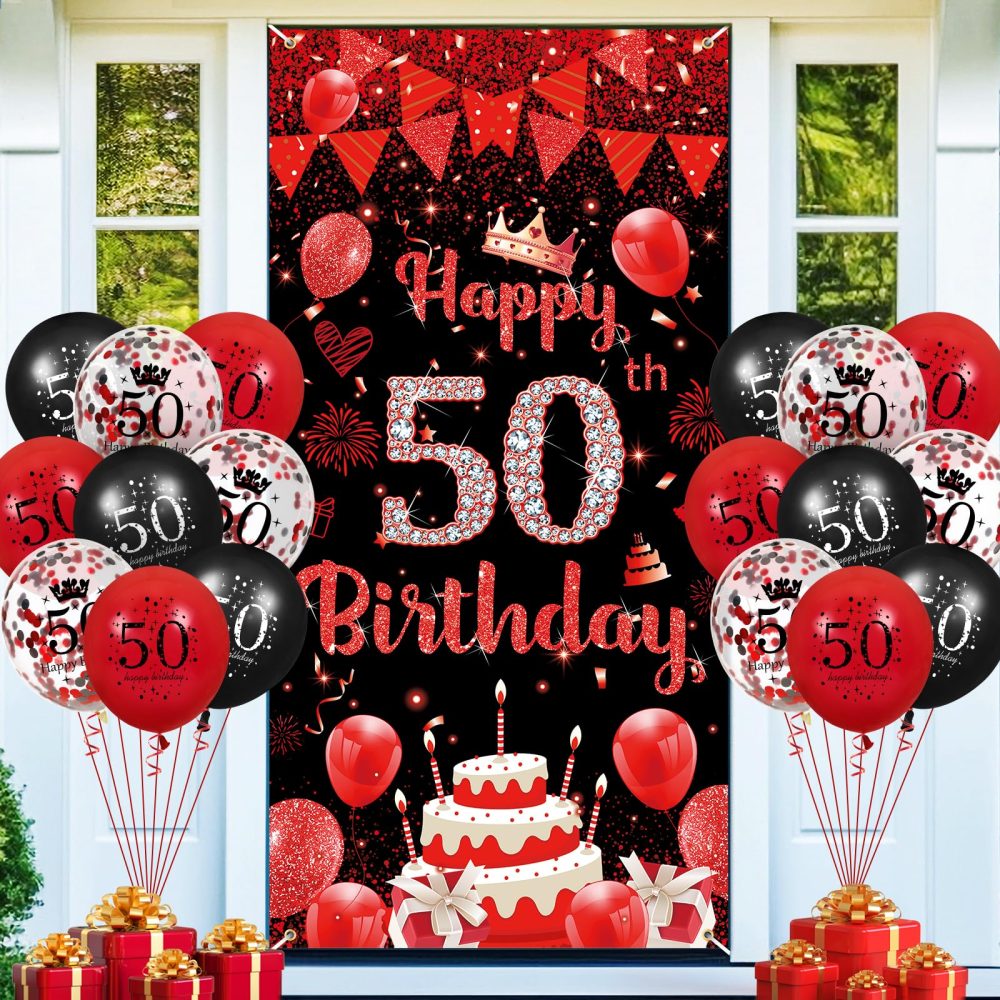 Red 50th Birthday Decorations for Women Men, Red Black Happy Birthday Party Door Banner Cover 18PCS 50th Red Birthday Balloons Supplies for 50 Years Old Birthday Anniversary Party Backdrop Decor