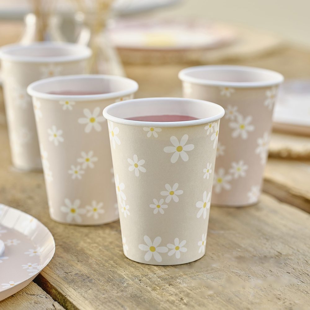 Ginger Ray Printed Daisy Flowers Paper Cups Party Tableware 8 Pack, Pastel