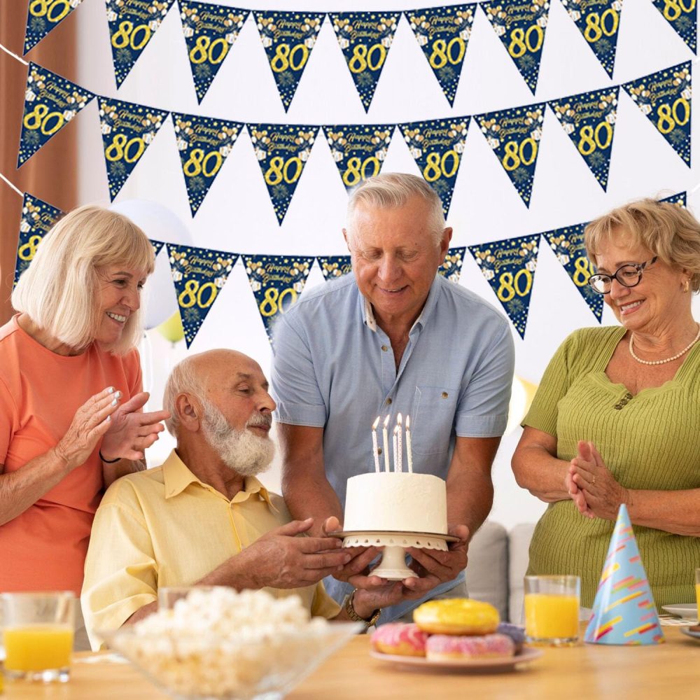 Happy 30/50/80th Birthday Banner Bunting Flags, 30/50/80th Birthday Decorations, Gold Glitter Birthday Anniversary Party Decoration Supplies, Birthday Triangle Flag Banners for Men Women (Blue 80th) - Image 5