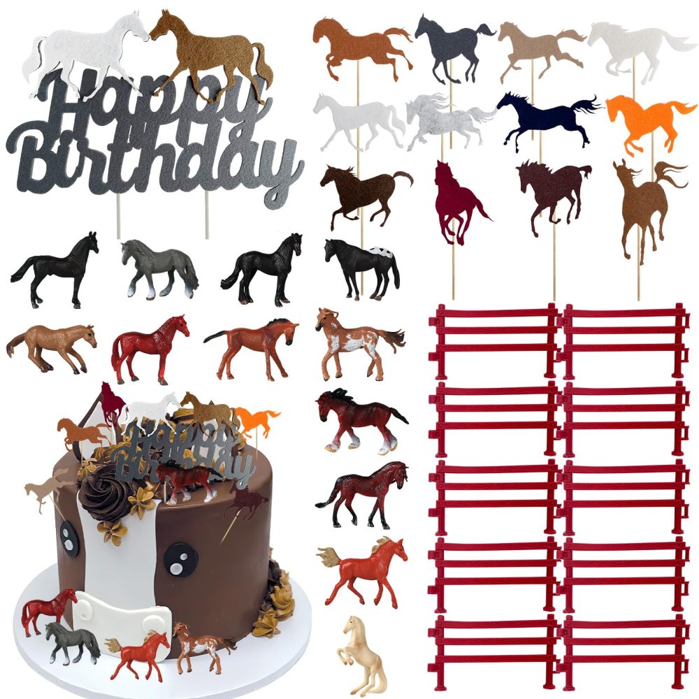 35 Pieces Horse Racing Cake Decorations, Horse Cake Toppers, Plastic Horse Cupcake Toppers, Fences for Baby Shower Sports Equestrian Birthday Theme Party Decorations