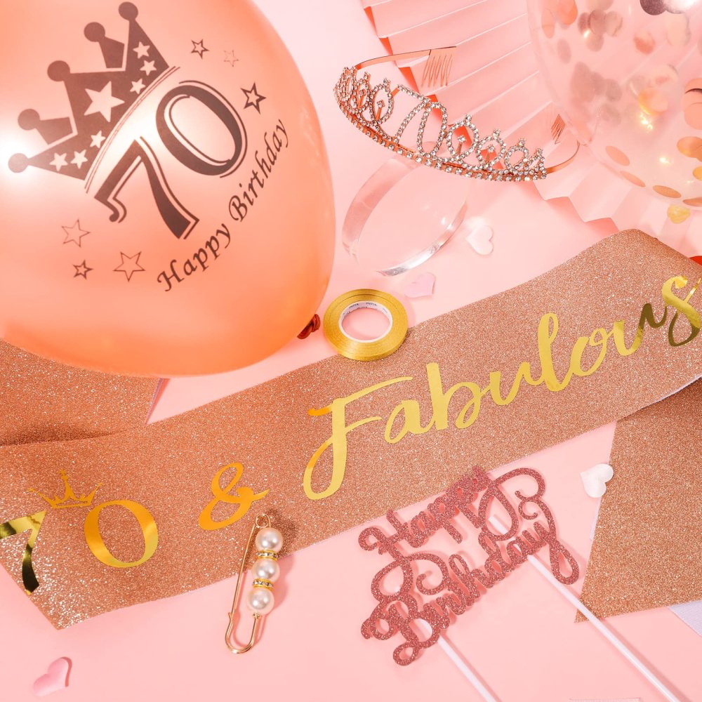 Heyu-Lotus 70th Birthday Sash and Tiara Rose Gold 70& Fabulous Sash Rhinestone Crown Balloons Birthday Cake Topper for Women 70th Birthday Gift Party Supplies (Rose Gold) - Image 2