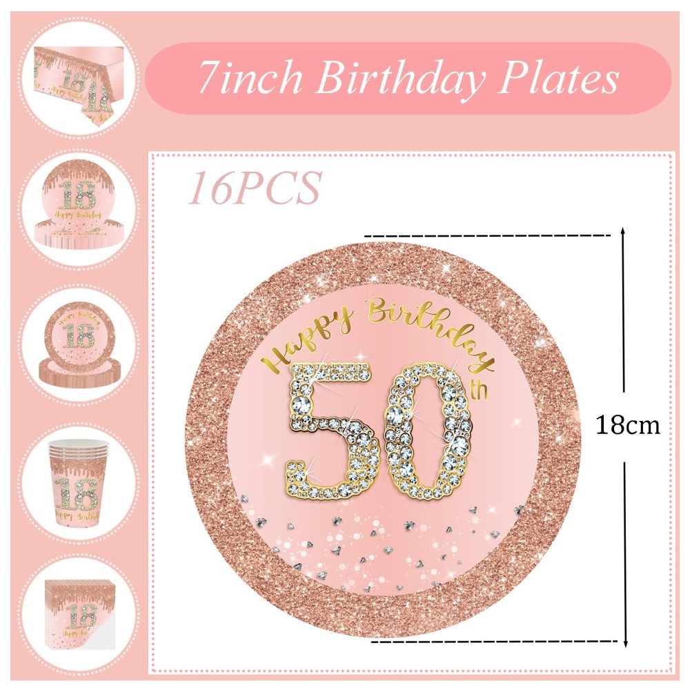 16pcs Rose Gold 50th Birthday Paper Plates 7inch 50th Party Table Decor,50th Women Birthday Party Paper Plates 7" Tableware,Happy 50th Birthday Tableware Plate for Her,Women,50th Party Supplies - Image 4