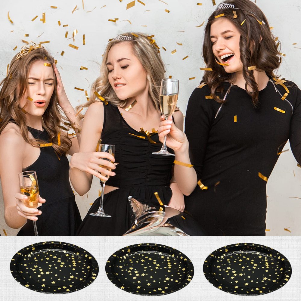 CEILIWEN Black Gold Paper Plates, 50 Pack 9 inch Birthday Decorations Paper Plates, Round Paper Plates Disposable Dinner Dishes, Black and Gold Star Plates, Party Tableware - Image 2