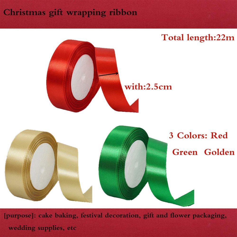 6 x 25mm Wide Gold Red Green Ribbon Thick Christmas Ribbon for Gift Wrapping, 1 inch Gold Red and Green Christmas Satin Ribbon for Present Wrapping Xmas Ribbon Hair Bow Bouquet Craft Decoration Ribbon - Image 7