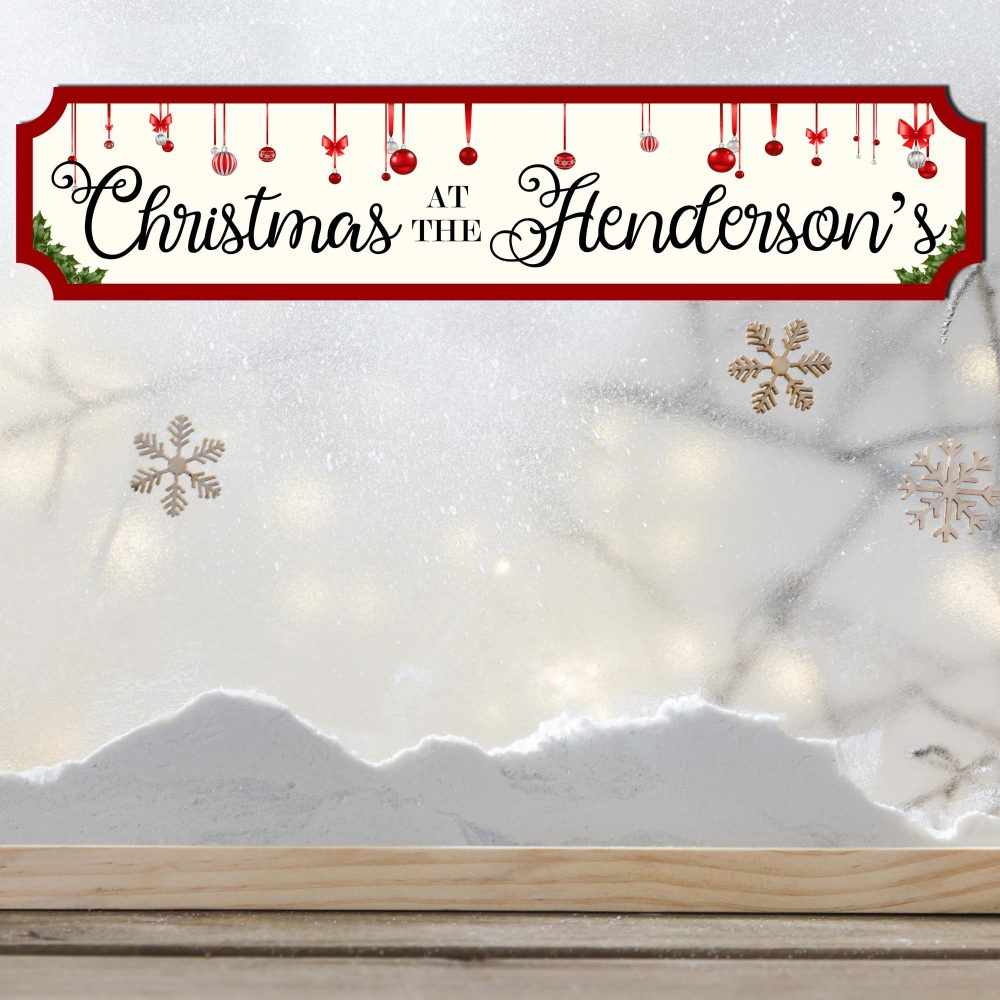 Personalised Christmas At The Family Street Sign - Custom Wooden or Acrylic Holiday Decor - Modern Rustic Wall Art - Available in S/M/L (Extra Large 590mm x 130mm, Mdf Wood Indoor Use Only)