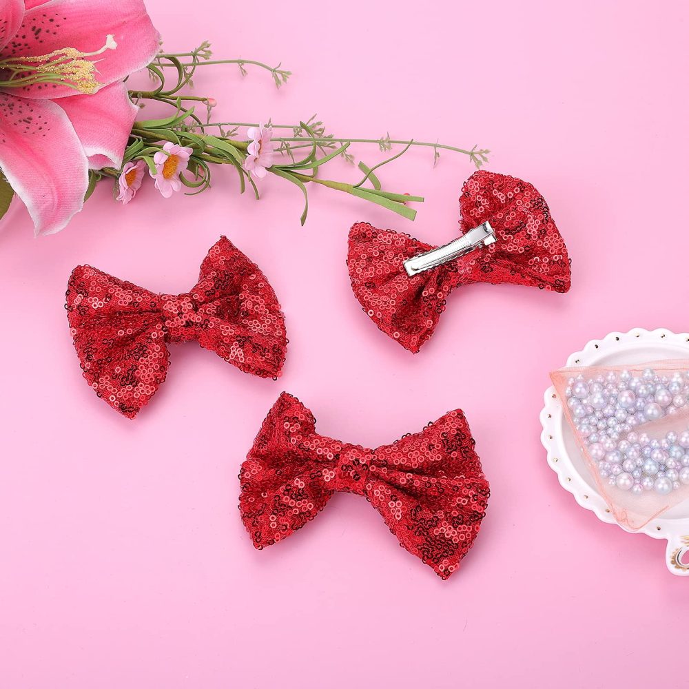 Sibba Glitter Hair Bows Clips 4 Packs Large Hair Pins Barrettes 4 Inch Red Sequins Sparkly Lace Nylon Mesh Alligator Ponytail Holder Valentines Easter Day Halloween School Accessories Women Girl - Image 7