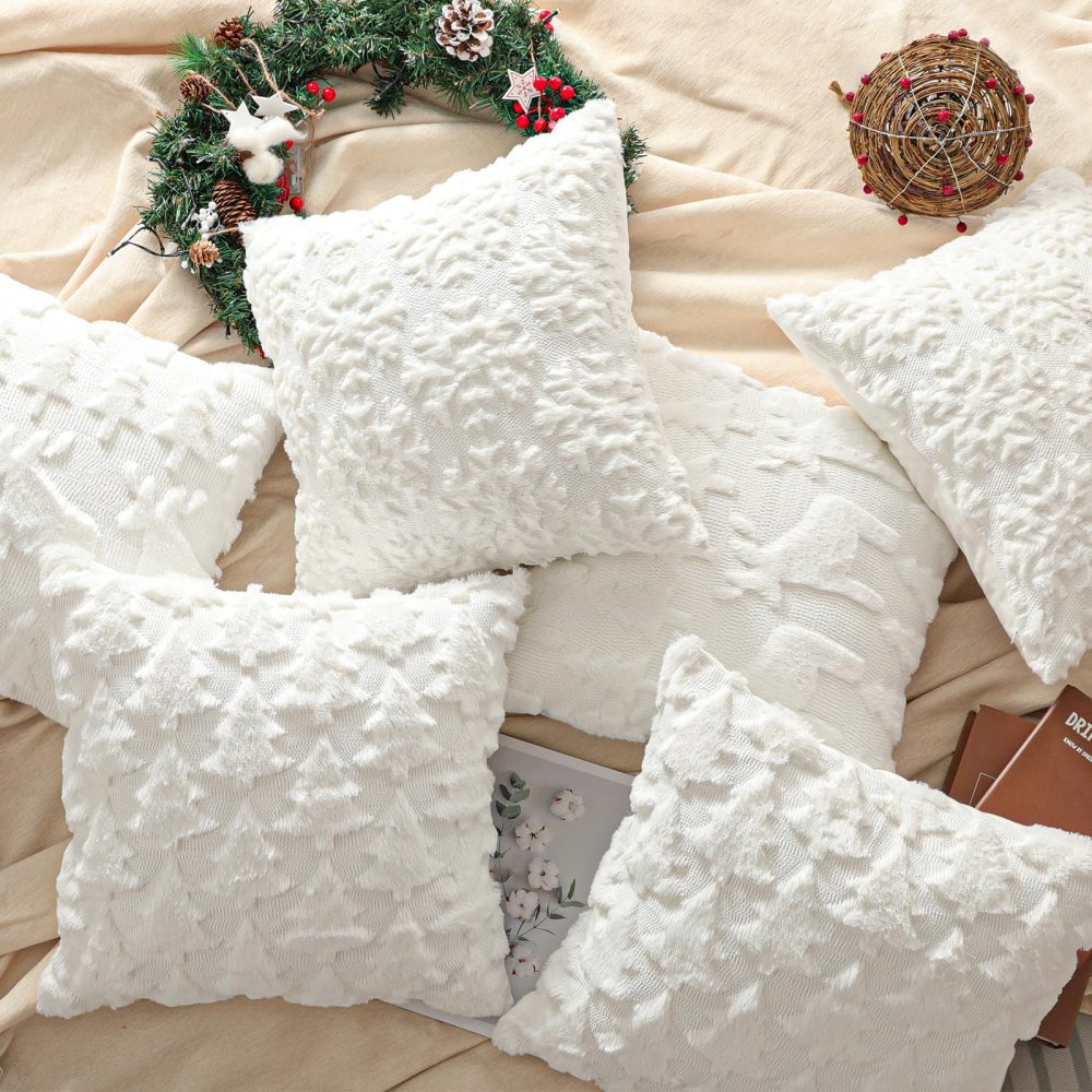 Lewondr Christmas Throw Pillow Cover 18x18, Set of 2 Super Soft Faux Fur Throw Pillow Covers Velvet 3D Snowflakes Embroidery Decorative Throw Pillowcase for Living Room Bed Couch Home Decor, White - Image 3