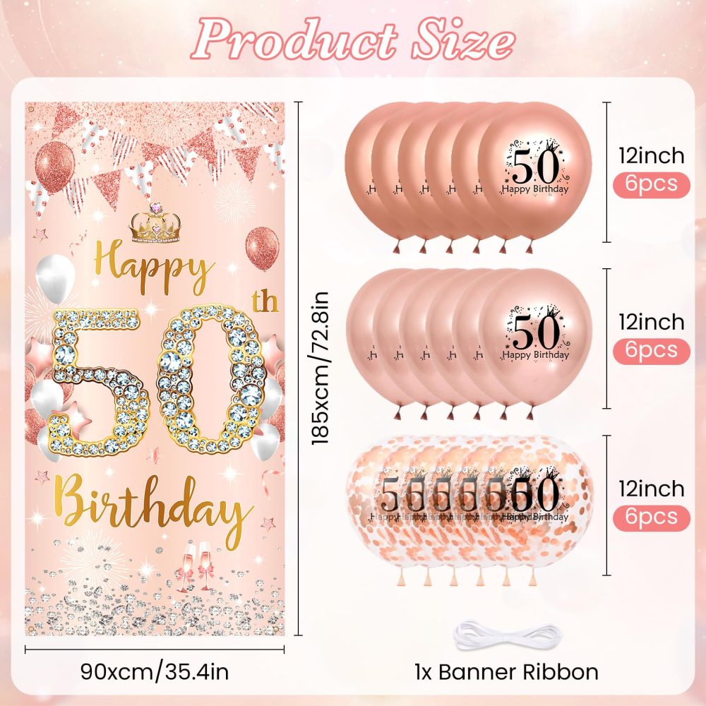 Rose Gold 50th Birthday Decorations Banner for Women, Happy 50th Birthday Door Banner with 18pcs 50th Balloons for Women 50th Birthday Anniversary Party Backdrop Decor Supplies Sign Porch Background - Image 2