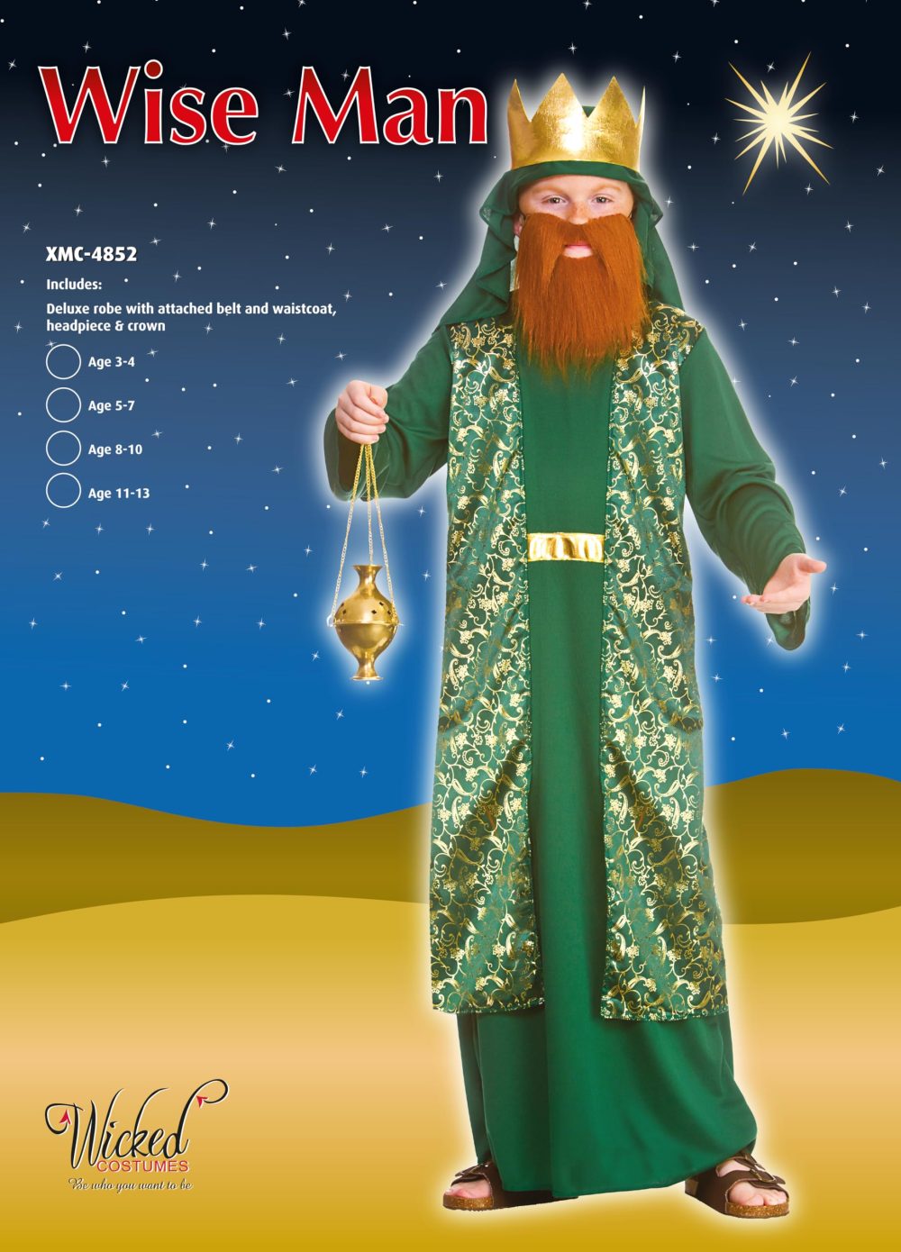 Wicked Costumes Kids Green Wise Man Nativity Fancy Dress Costume - Small (3-4) - Image 3