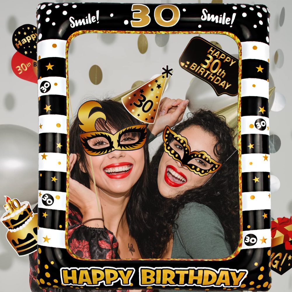 30th Birthday Photo Booth Frame, KissDate 30th Inflatable Selfie Frame and 26PCS 30th Birthday Photo Booth Props, Black Gold 30th Birthday Decorations 30th Props Party Supplies for Ladies Men Women - Image 3