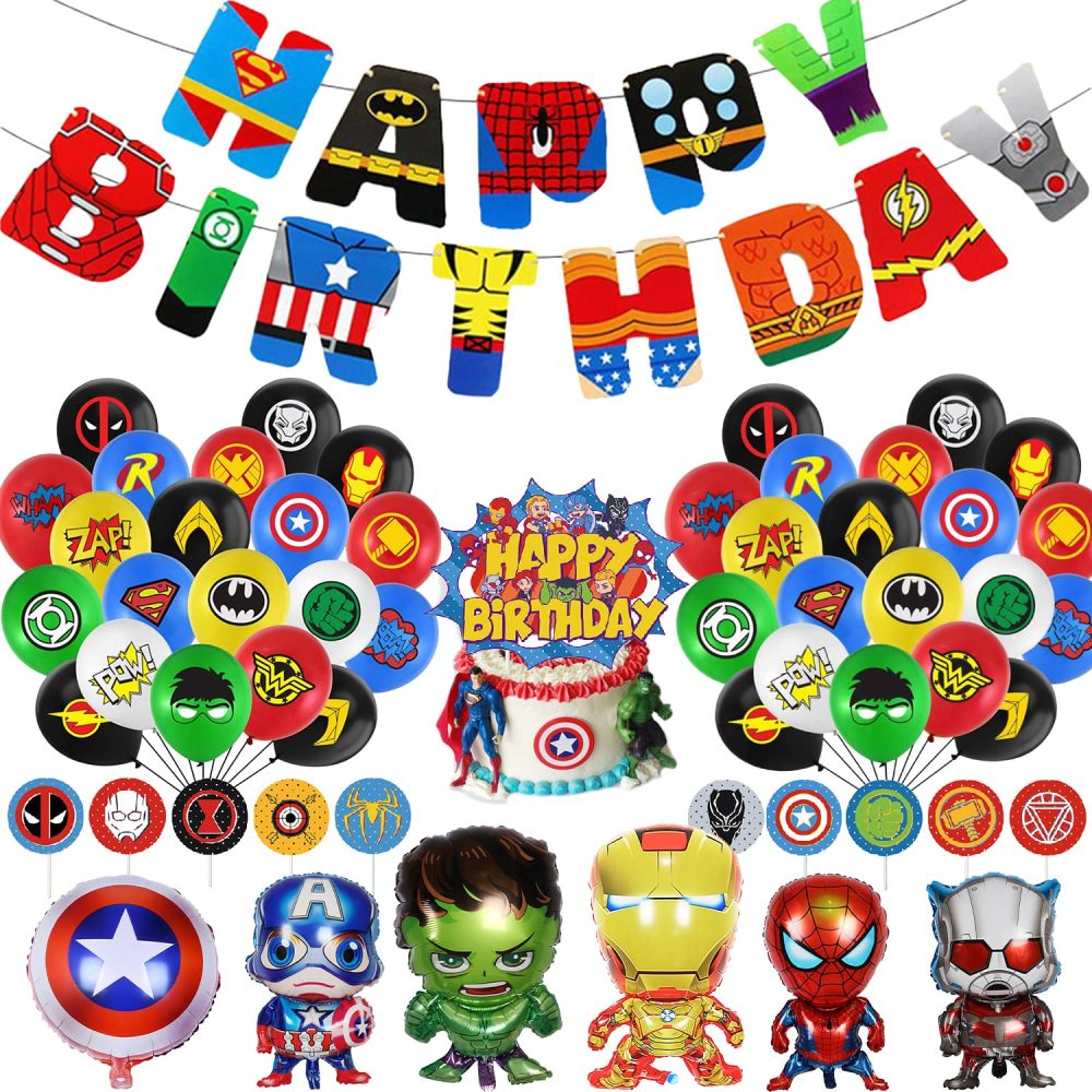 Superhero Party Supplies,Avenger Party Decoration-Superhero Birthday Party Banner,Superhero Balloons,Toppers Cake Toppers,6 Pcs Large Foil Balloons for Kid's boy Girls Themem Party Supplies