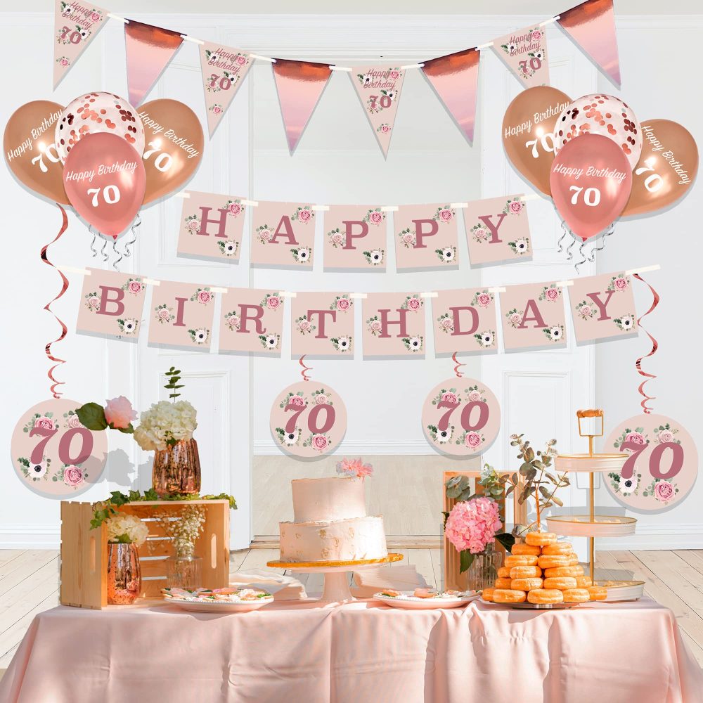 Blue Planet Fancy Dress 70th Birthday Decorations 20Pcs, Rose Gold Party, Pink & Floral Balloons, Flag Bunting, Floral Banner & Hanging Decorations for Girls and Women - Image 4