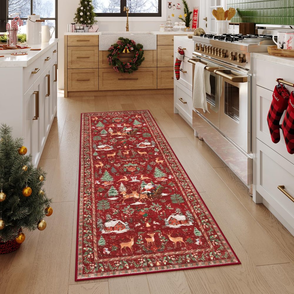Lahome Christmas Runner Rug 2x6 Red Runners for Hallways,Kitchen Rugs Non Slip Washable Entryway Carpet Runner,Soft Christmas Tree Santa Claus Runners for Bathroom Bedside Holiday Decor(2'x6',Red) - Image 9
