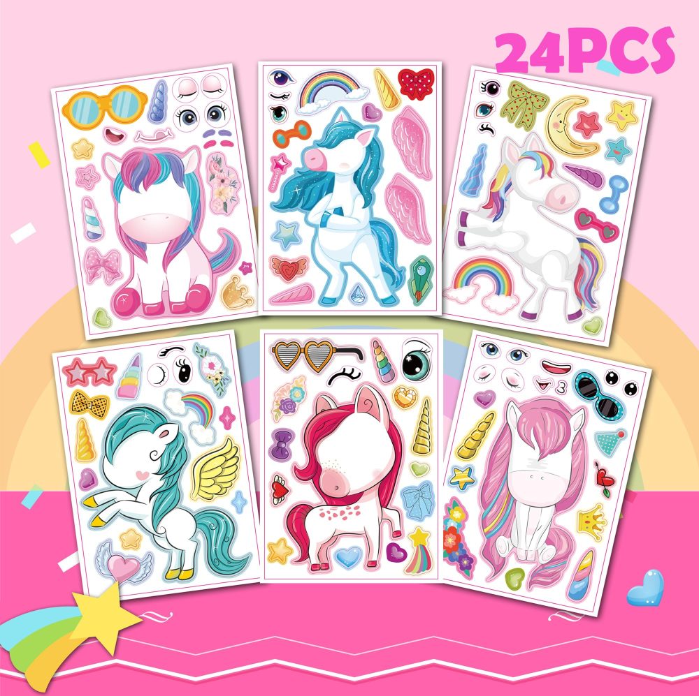24 PCS Unicorn Make a Face DIY Stickers for Kids, Unicorn Party Bag Fillers Gift Set for Girls Boys, Unicorn Sticker Sheets Birthday Party Decorations Party Supplies, Party Favours Kit School Prize - Image 7