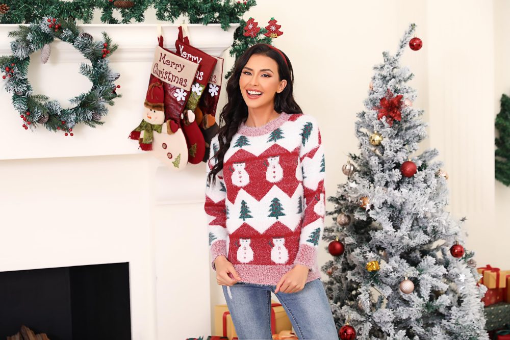 Marvmys Women Knit Sweater Jumper Long Sleeve Pullover Tops Knitwear Crew Neck Loose Warm Vintage Pullover Christmas Sweater Autumn Winter Red S - Image 7