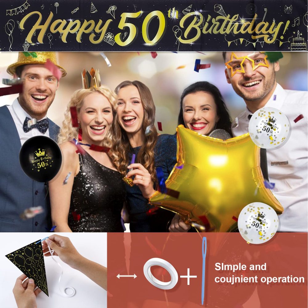 50th Birthday Decoration Kit, 13 Pieces Birthday Party Decoration Include Happy 50th Birthday Banner, Bunting, 12” Latex Printed Balloons, 9ft Banner for Women Men 50th Birthday Decorations Supplies - Image 3