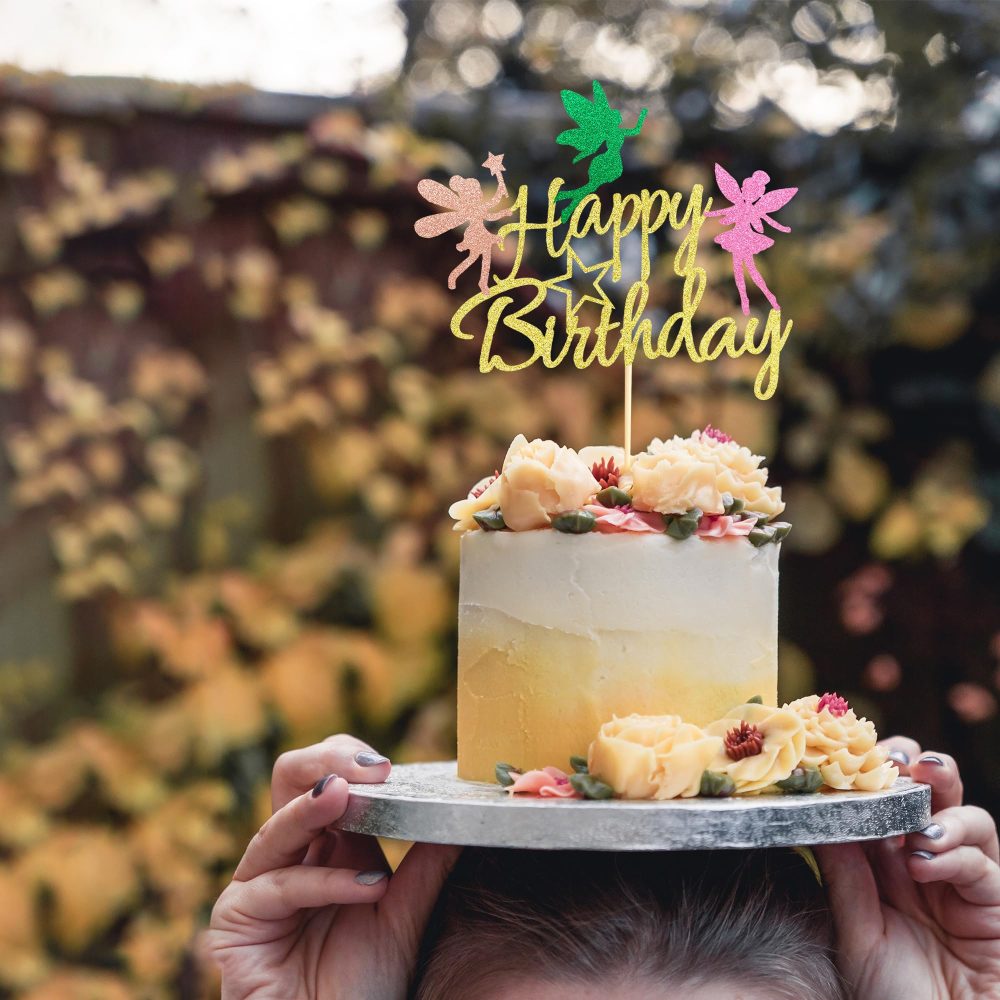 Arthsdite Fairy Cake Topper, Girl Birthday Party Decoration Topper, Fairy Happy Birthday Decoration - Gold Glitter - Image 3