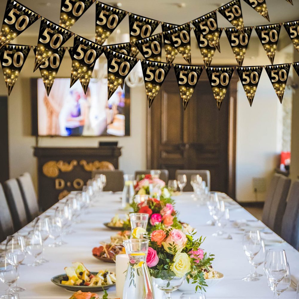 40Pcs Happy 50th Birthday Banner Bunting Flags Gold and Black Glitter 50th Birthday Anniversary Party Decoration Supplies,50th Birthday Triangle Flag Banners for Men Women - Image 3
