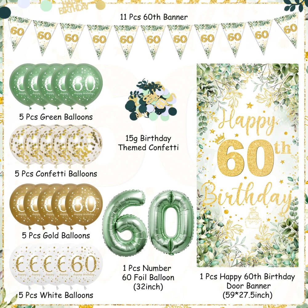 60th Birthday Party Decorations for Women Men, Sage Green Happy 60th Birthday Decorations Green Gold 60th Birthday Door Banner Number 60 Foil Balloons for 60 Year Old Birthday Party Decor Supplies - Image 3