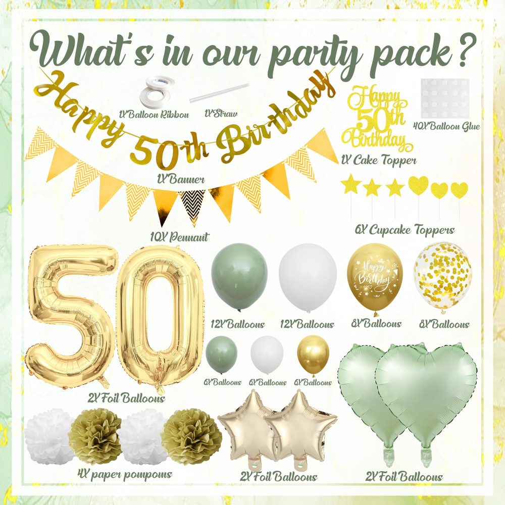 50th Birthday Decorations Women Men - Green Gold Birthday Party Decoration Balloons Set with Banners Paper Pom Confetti Latex Balloon Happy 50th Birthday Cake Toppers for 50 Years Birthday Supplies - Image 7