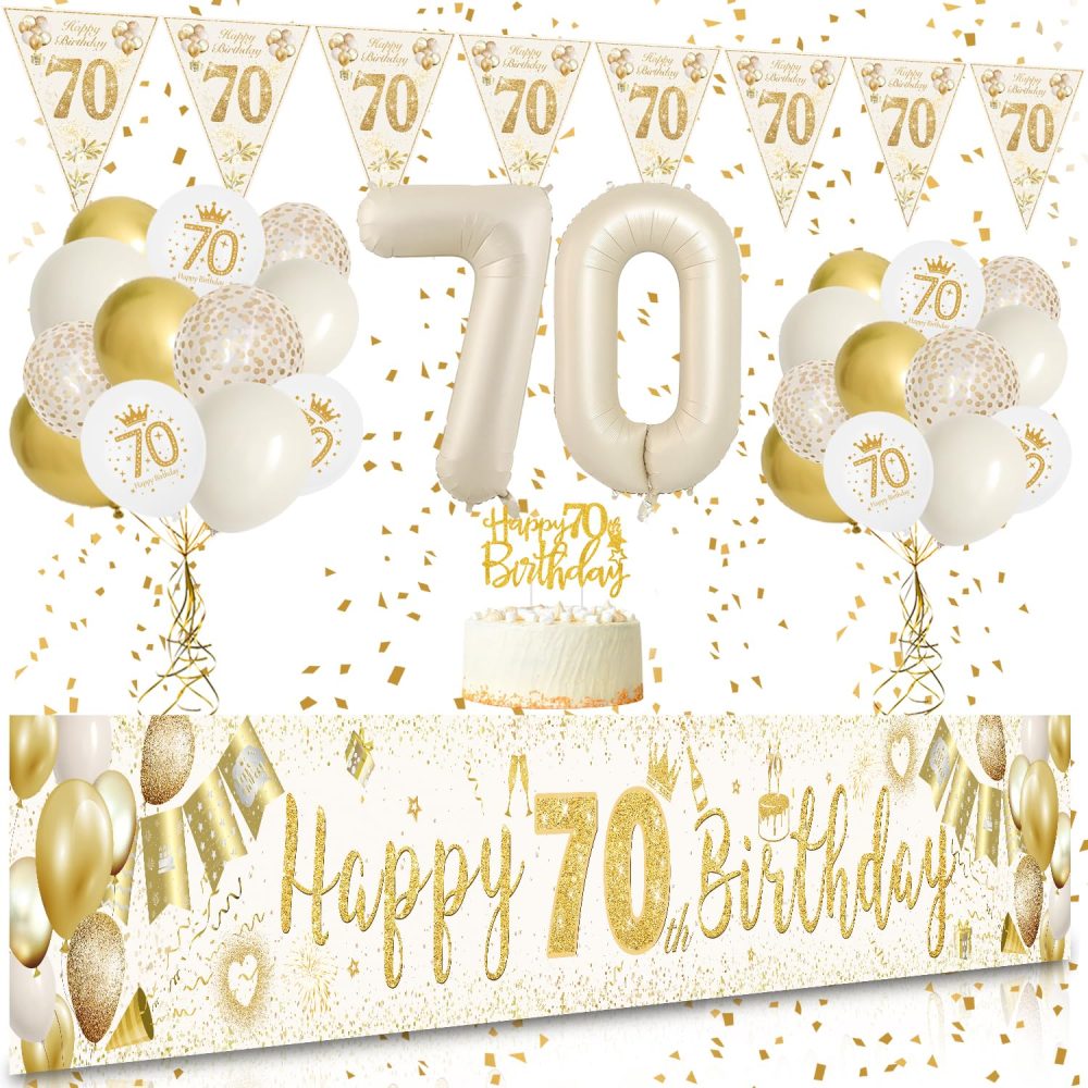 70th Birthday Decorations for Women Men, SWPEED 70th Birthday Decoration Kit with Sand White Gold Happy 70th Birthday Banner, White Gold Balloons Confetti Balloons, Number 70 Balloon Triangle Flag