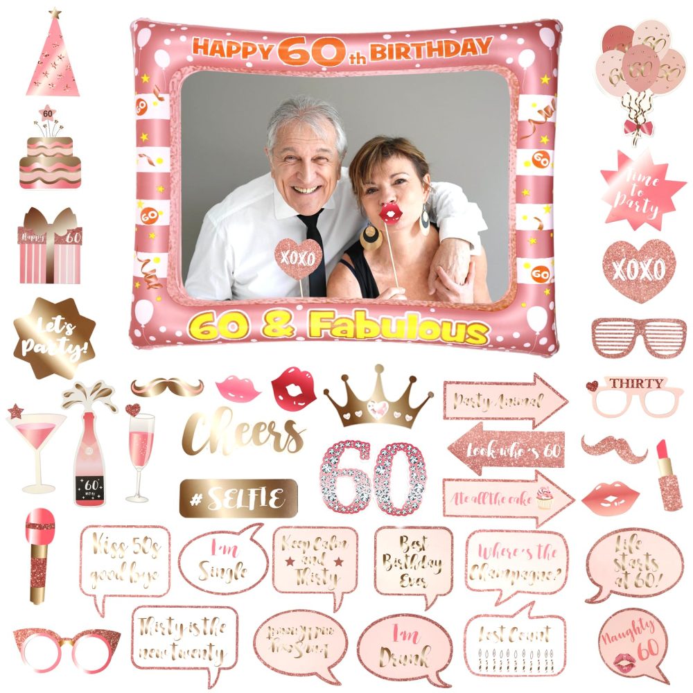 Newthinking 60th Birthday Photo Booth Props, Rose Gold Inflatable Selfie Frame Funny DIY Birthday Party Props for 60th Birthday Party Supplies Decoration