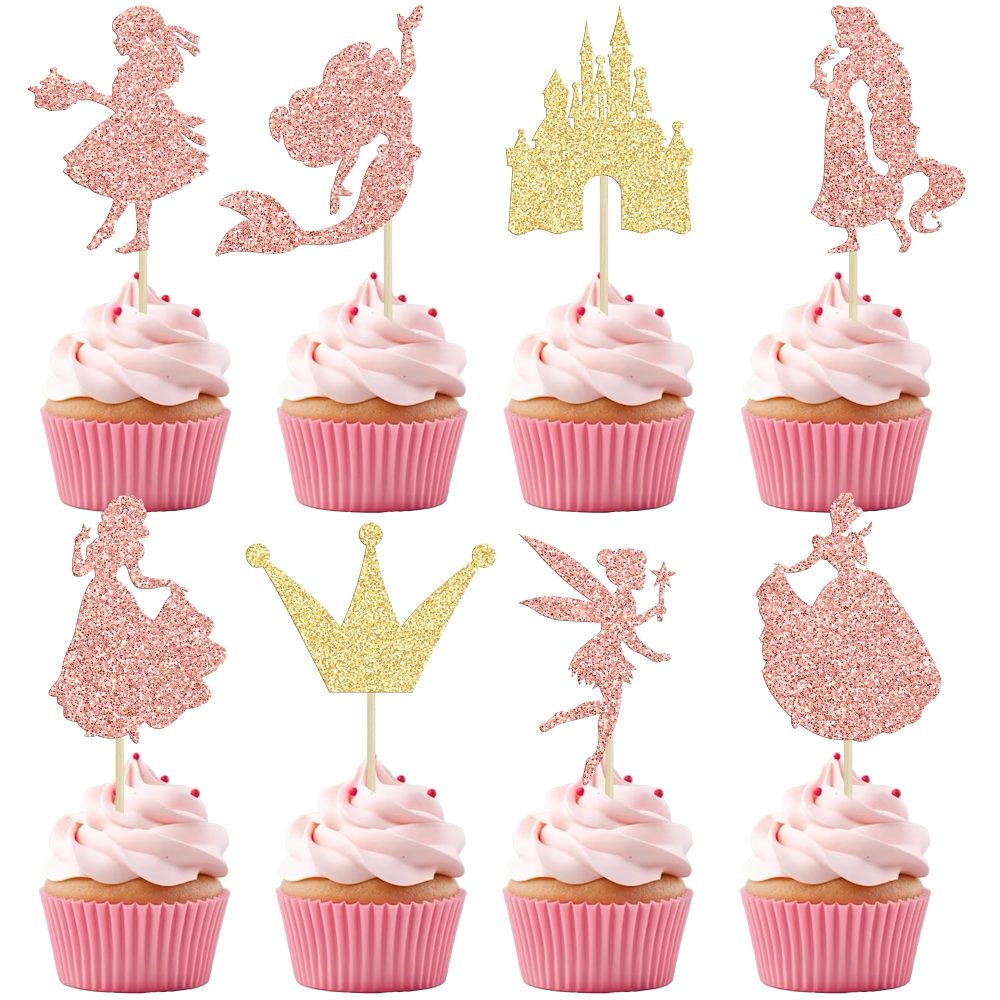 Ephlyn 24Pcs Glitter Princess Cupcake Toppers Mermaid Castle Girl Birthday Cupcake Toothpicks for Princess Mermaid Theme Baby Shower Birthday Party Cake Decorations Rose Gold