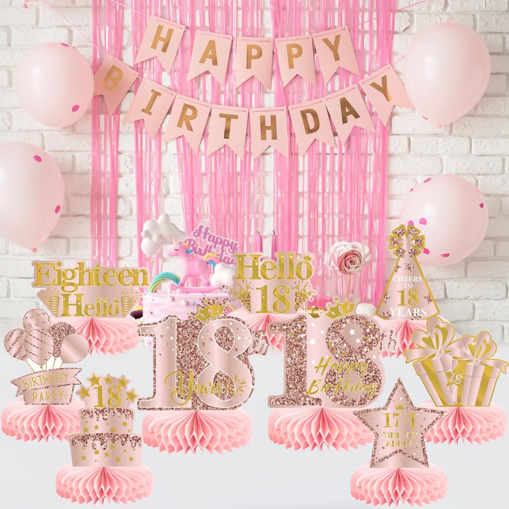 9Pcs 18th Birthday Decorations Pink Rose Gold Honeycomb Centerpieces for Girls,Happy 18th Birthday Table Centerpieces Party Supplies,Eighteen Year Old Birthday Table Toppers Decor - Image 3