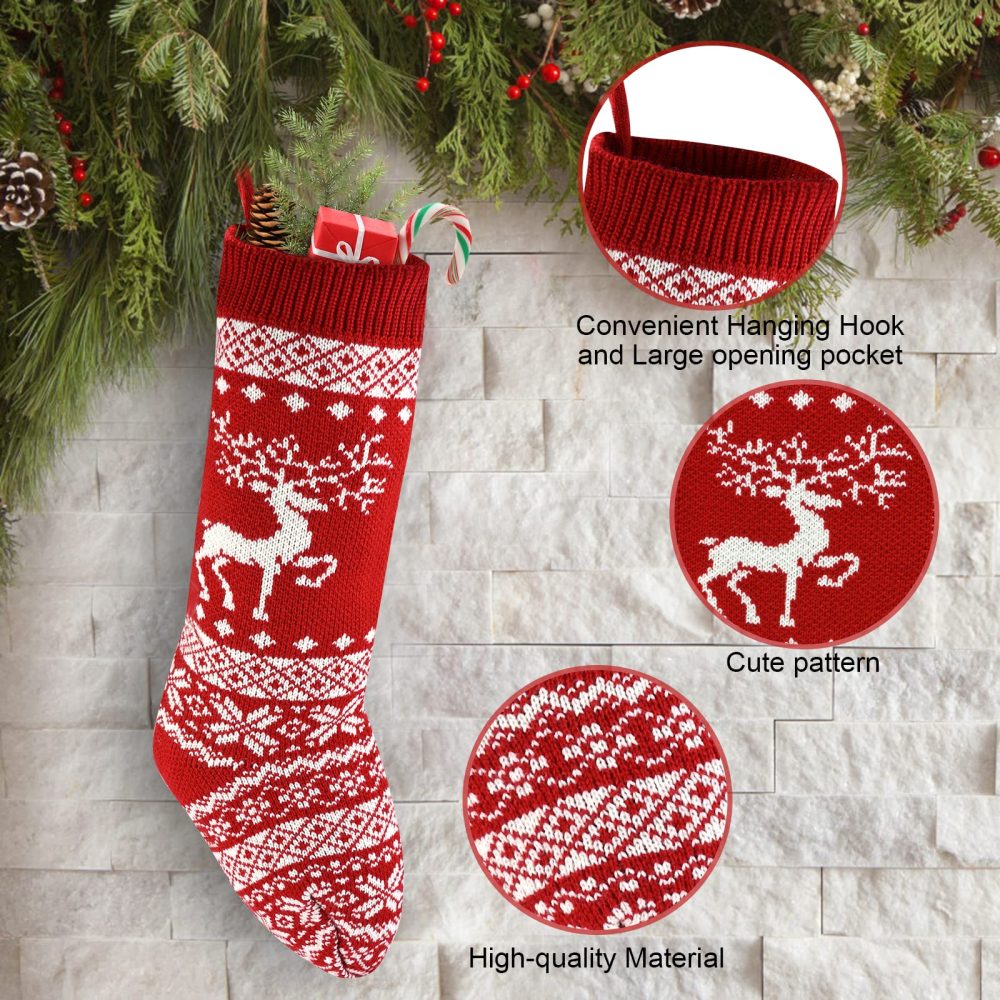 Feelava 46CM Knit Christmas Stocking 18inch Reindeer Knitted Xmas Stocking Boot Xmas Ornaments Bag Traditional Hanging Bags for Family Holiday Party Decorations,2 Pack - Image 6