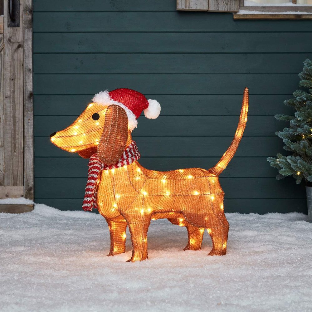 Light4fun Outdoor Christmas Light Up Dachshund Dog Figure Garden Decoration with 80 Warm White LEDs & Timer 65cm