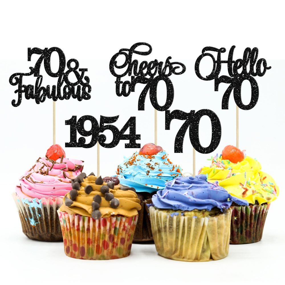 Gyufise 30Pcs 70th Birthday Cupcake Toppers 70 Fabulous Cupcake Picks Cheers to 70 1954 Cake Decorations for Happy 70th Birthday Wedding Anniversary Party Decoration Supplies Black