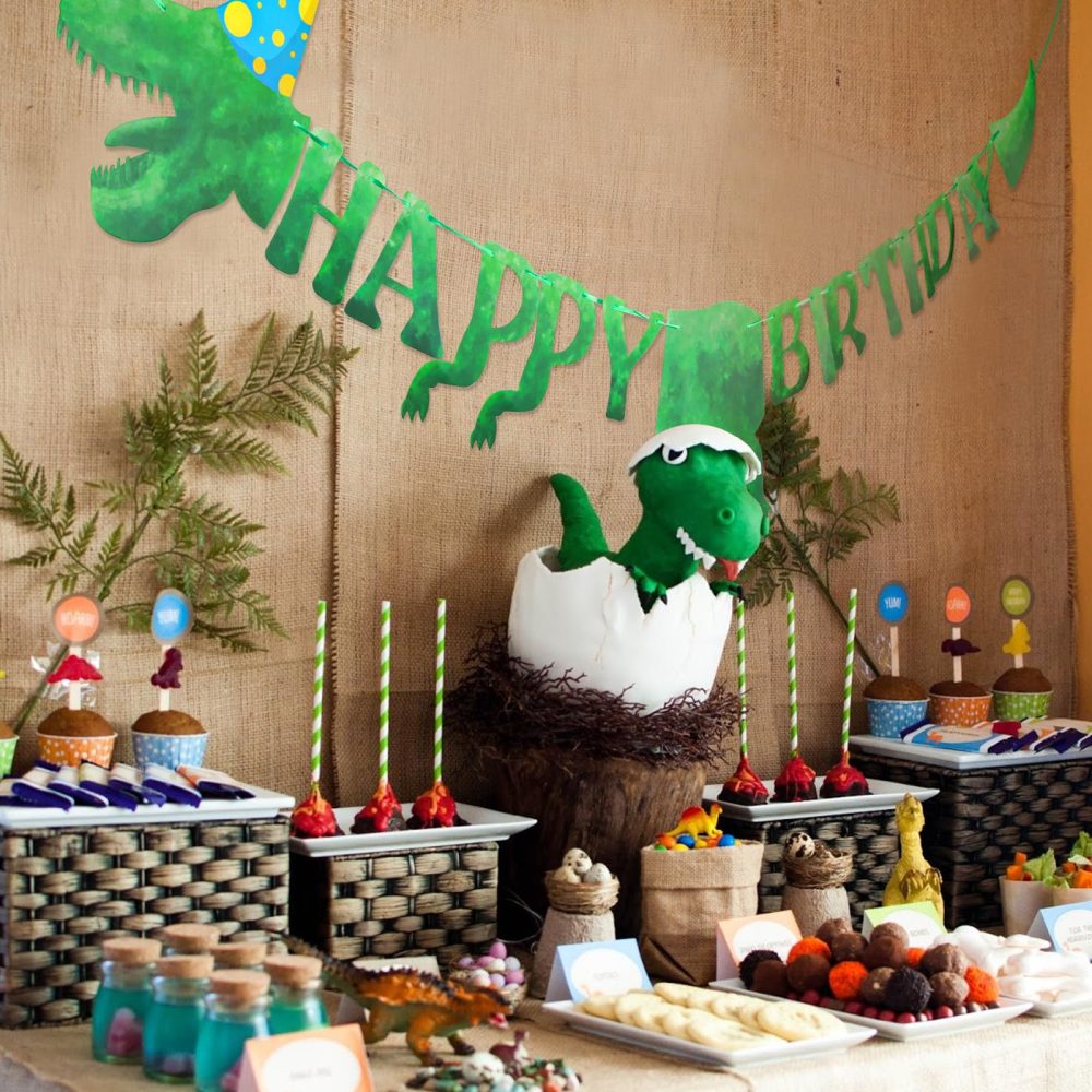 Fowecelt Dinosaur Happy Birthday Banners - Personalised Dinosaur Bunting Large Size 59 Inch / 5 Ft, for Birthday Banner Decorations Party Supplies Boy Girl (Green) - Image 4