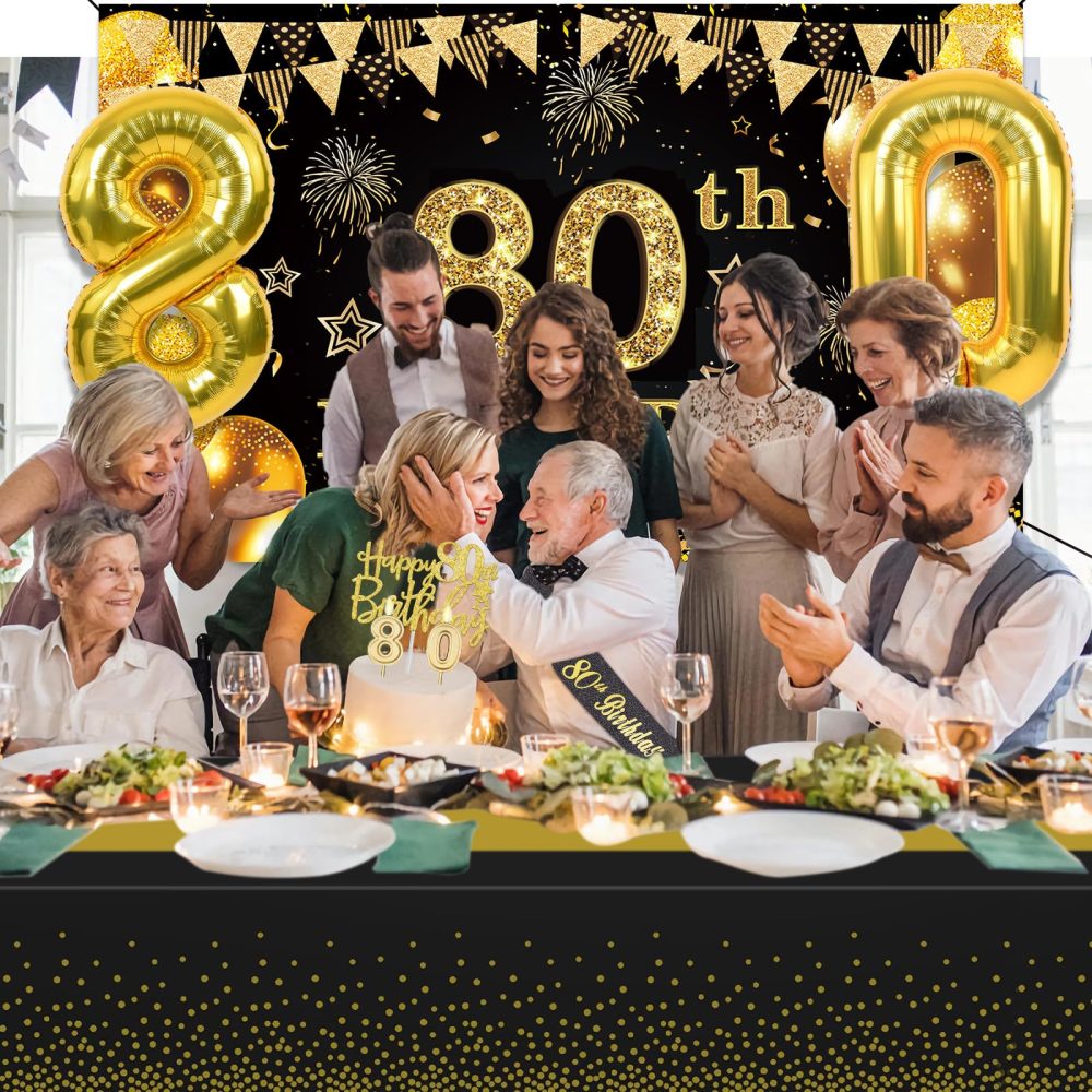80th Birthday Decorations Men Women, 80th Birthday Banner, Black and Gold Table Cloth, 80 Number Balloons, 80th Birthday Sash, Birthday Cake Topper and 80 Candles, 80th Birthday Gifts Men Women - Image 3