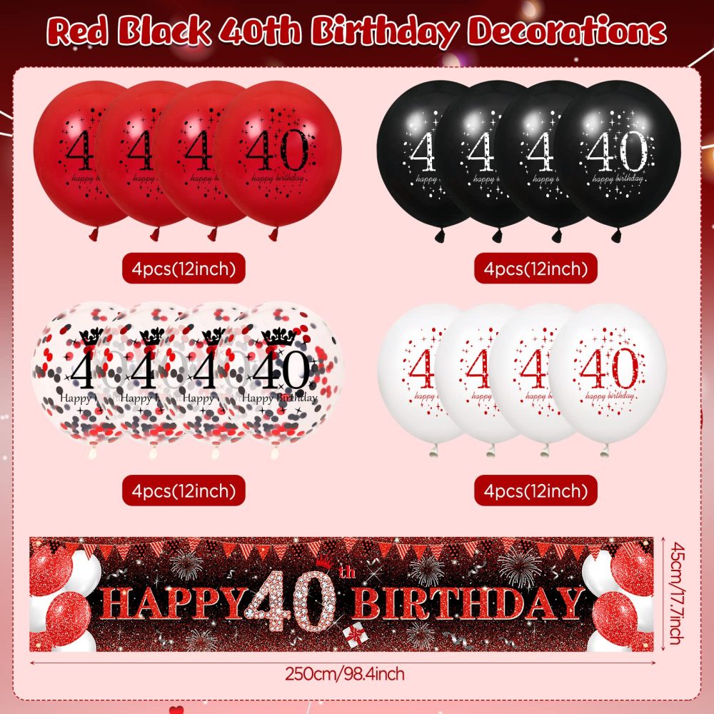 RUMIA Red 40th Birthday Decorations Men Women, Red Black Glitter 40th Birthday Banner Yard Sign & 16Pcs Red Black 40th Birthday Latex Balloons 40th Birthday Anniversary Party Supplies (A7R2X) - Image 3