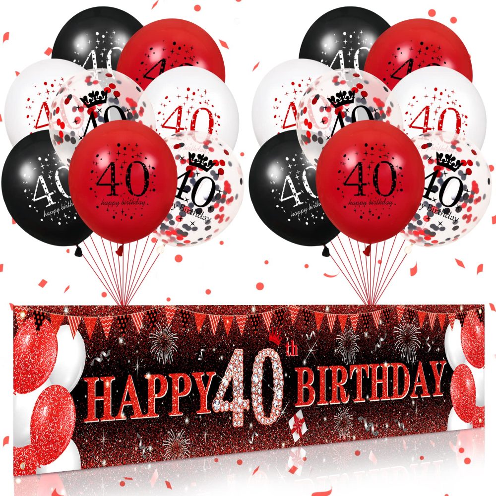 RUMIA Red 40th Birthday Decorations Men Women, Red Black Glitter 40th Birthday Banner Yard Sign & 16Pcs Red Black 40th Birthday Latex Balloons 40th Birthday Anniversary Party Supplies (A7R2X)