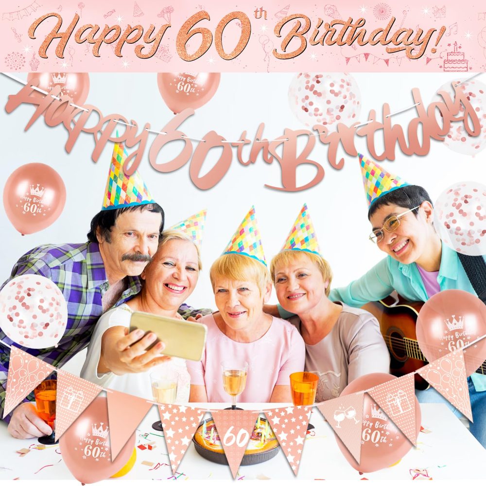 60th Birthday Decorations Kit Rose Gold Happy 60th Birthday Banner Triangle Flag Confetti Balloons Birthday Party Decorations Supplies Age 60 - Image 5