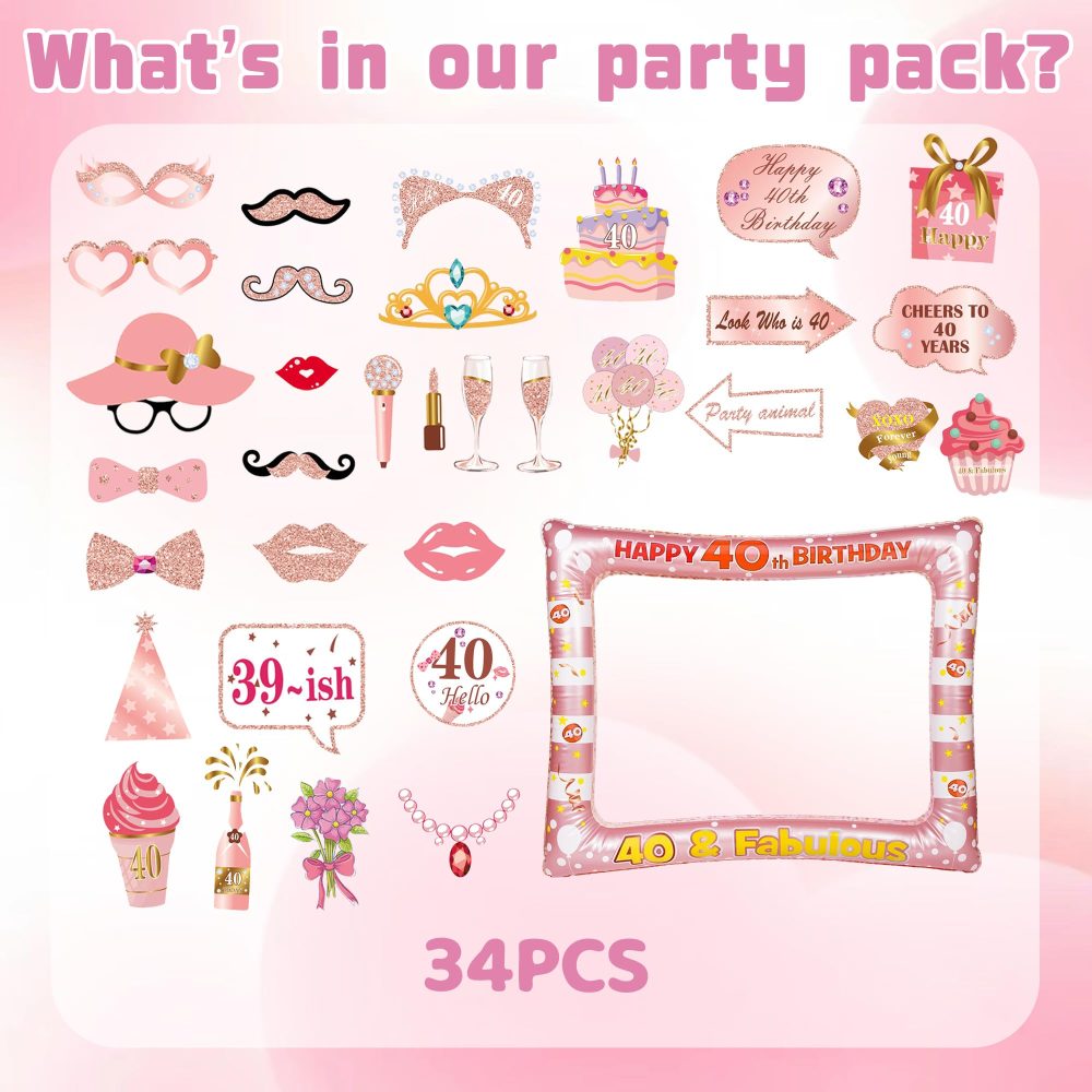 Rose Gold 40th Photo Props - 34 Pieces 40th Birthday Decorations Rose Gold Inflatable Selfie Frame 40th Birthday Photo Booth Props for Women Men 40th Birthday Party Supplies - Image 7