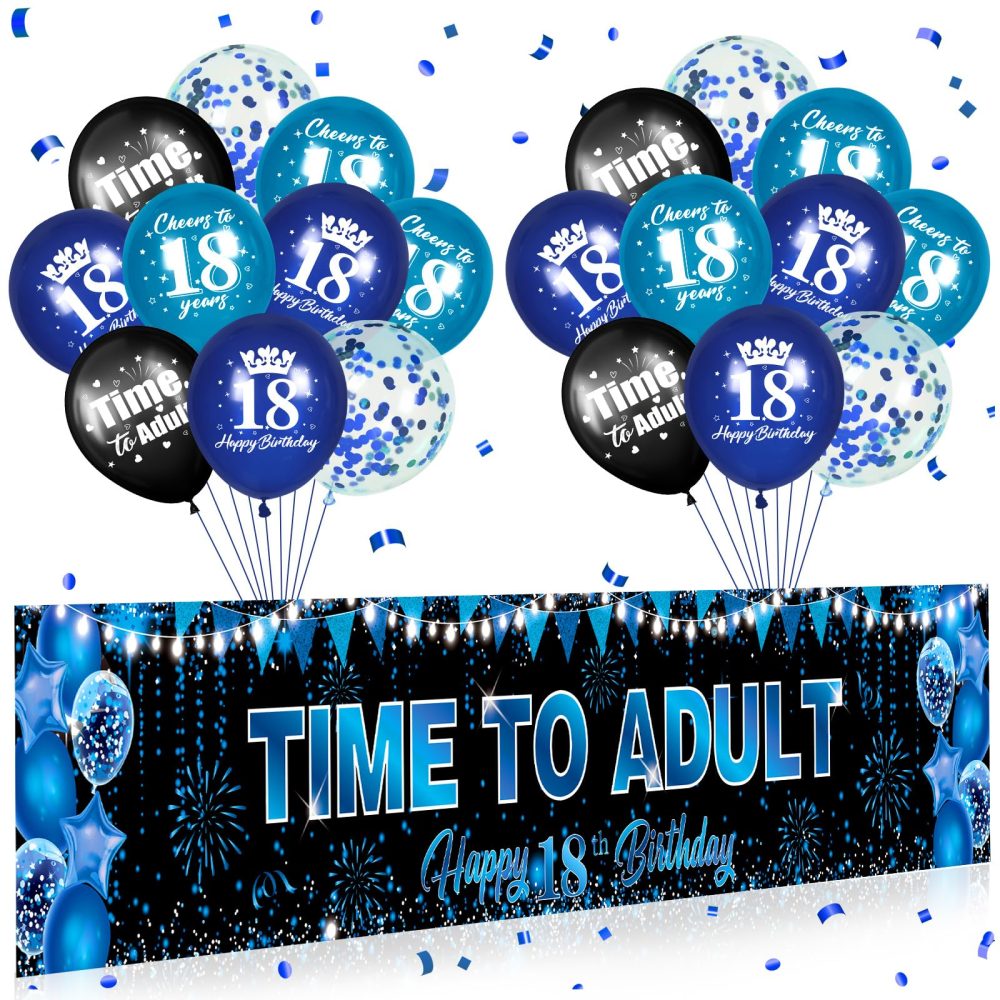 18th Birthday Party Decorations for Boys Girls Blue Black Time To Adult Happy 18th Birthday Banner and 20pcs Happy 18th Birthday Balloons Blue Black 18th Birthday Yard Sign Party Supplies