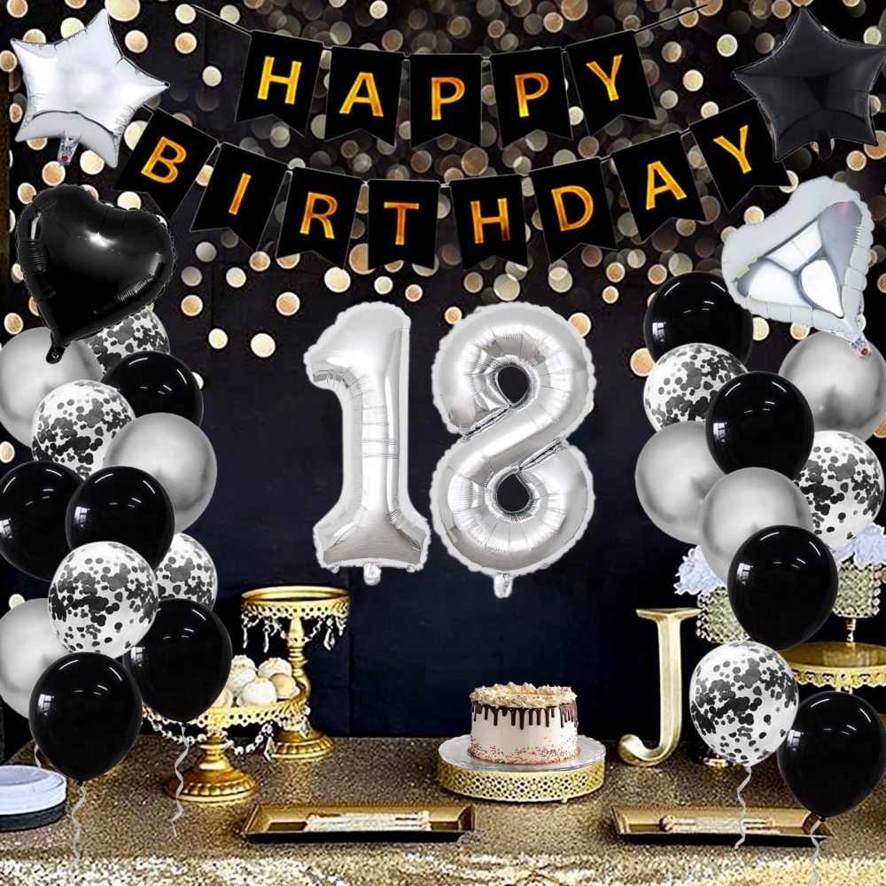 18th Birthday Decorations for Boys Girls Black Silver Happy Birthday Balloons Supplies 18 Birthday Party Set with 18 Sliver Number Balloons Happy Birthday Banner and Foil Star Balloons(18th-birthday) - Image 2
