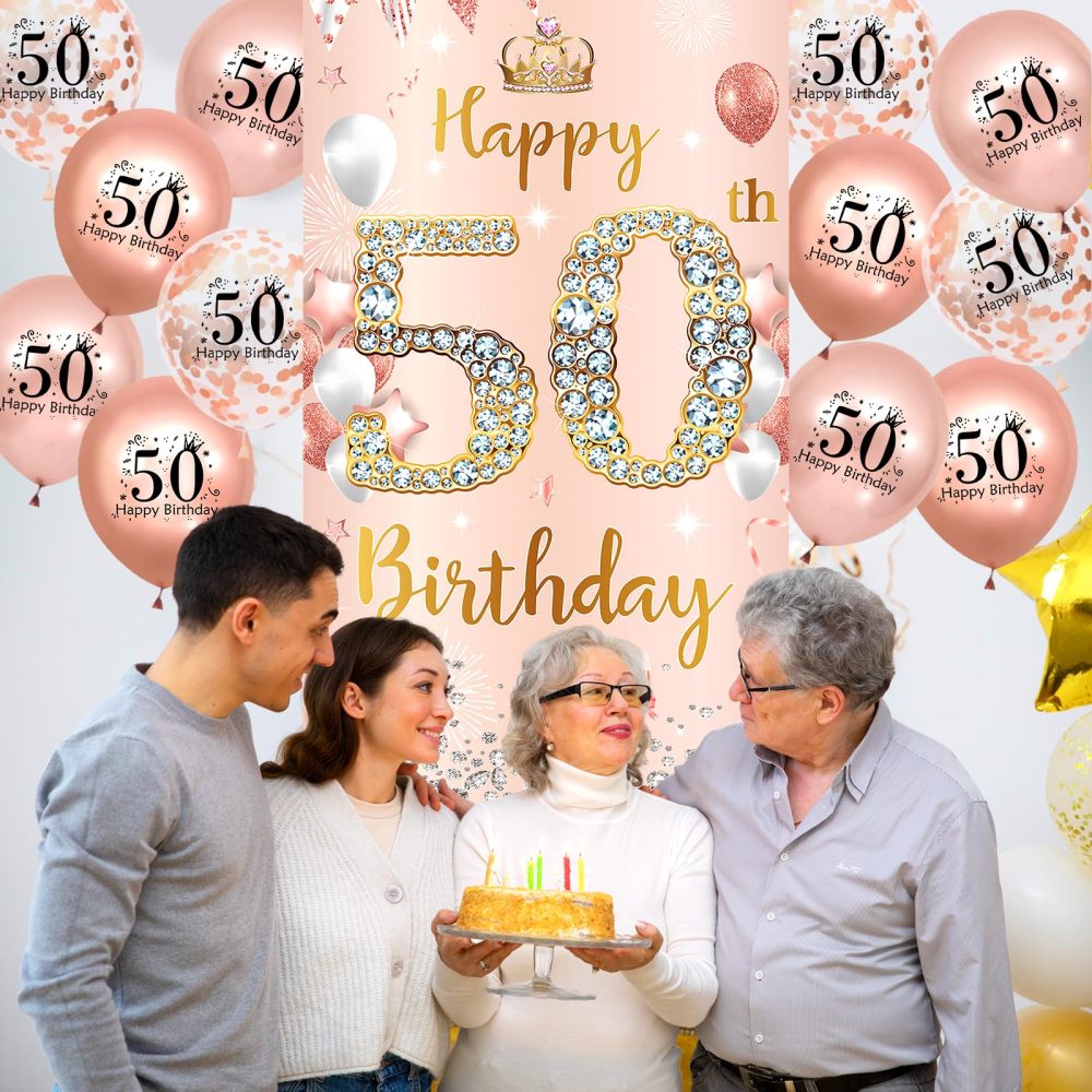 Rose Gold 50th Birthday Decorations Banner for Women, Happy 50th Birthday Door Banner with 18pcs 50th Balloons for Women 50th Birthday Anniversary Party Backdrop Decor Supplies Sign Porch Background - Image 6