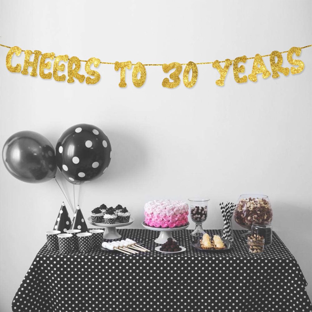 Cheers to 30 Years - Happy 30th Birthday Party Glitter Banner - 30th Birthday Party Decorations and Supplies - 30th Wedding Anniversary Decorations, Pre-strung - No DIY required - Image 2