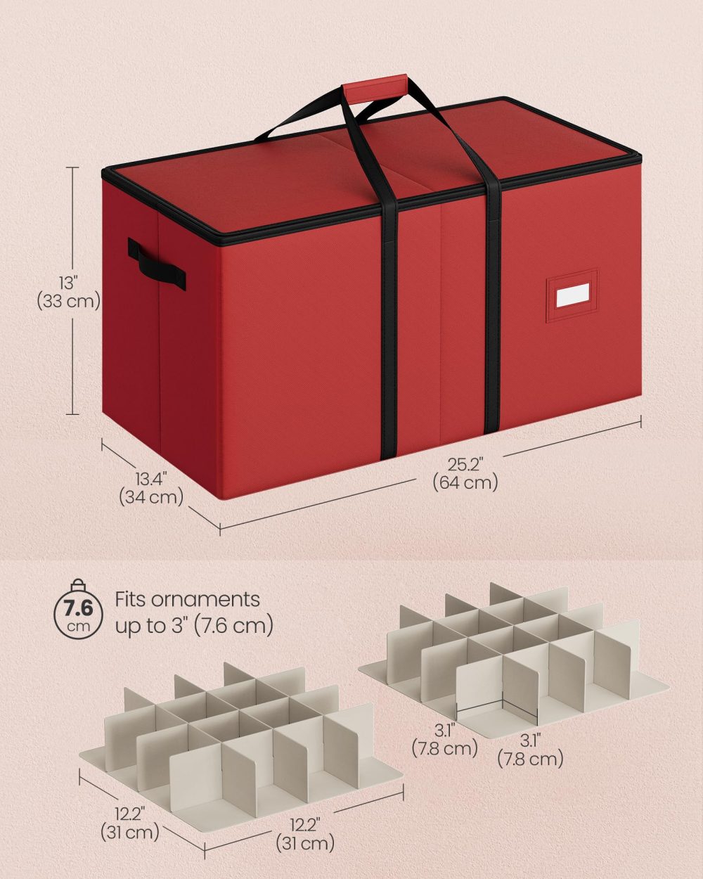 SONGMICS Christmas Decoration Storage Box, 7.6 cm 128 Slots, Stackable Christmas Bauble Storage Box with Lid, Dual Zippers, Adjustable Dividers, Non-Woven Fabric, Cherry Red RFB039R01 - Image 2