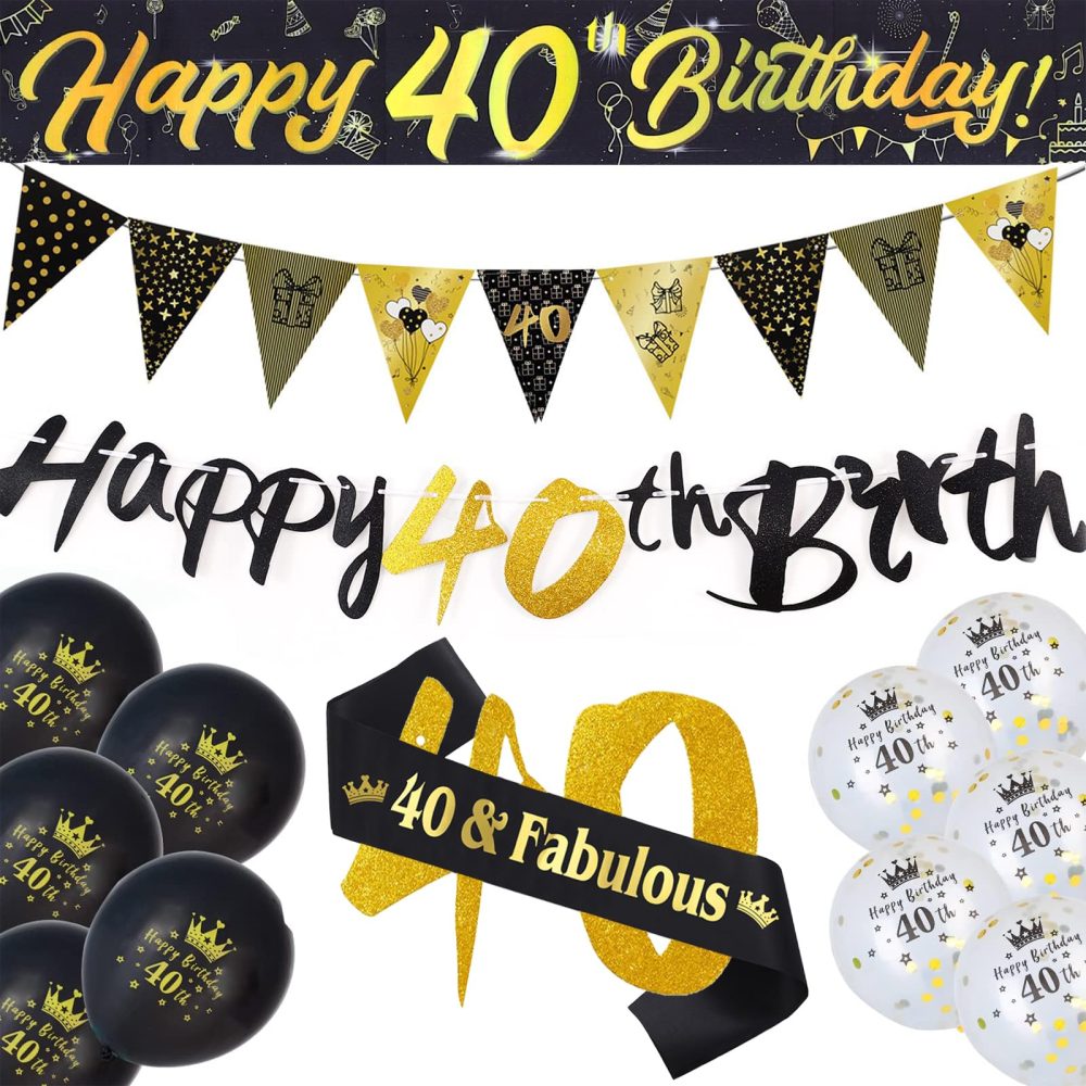 40th Birthday Decoration Kit, 13 Pieces Birthday Party Decoration Include Happy 40th Birthday Banner, Bunting, 12” Latex Printed Balloons, 9ft Banner for Women Men 40th Birthday Decorations Supplies
