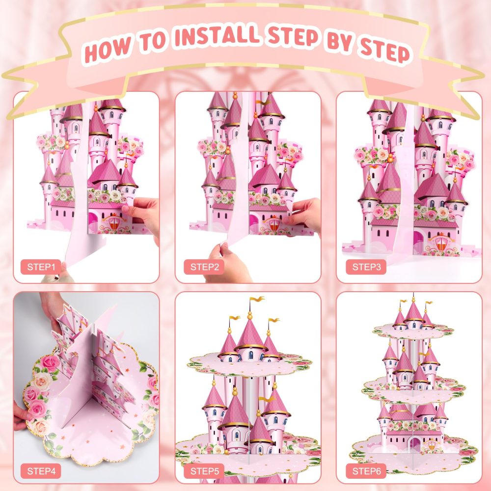 Zopeal 3 Tier Princess Birthday Cupcake Stand Party Decorations Floral Princess Cupcake Holder Pink Castle Crown Carriage Dessert Tower for Girls Birthday Princess Theme Baby Shower Party Supplies - Image 5